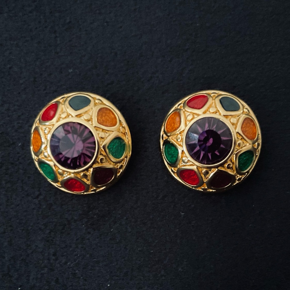 #124  Vintage Joan Rivers Multi-Color Enamel & Purple Crystal “Mughal” Earrings
